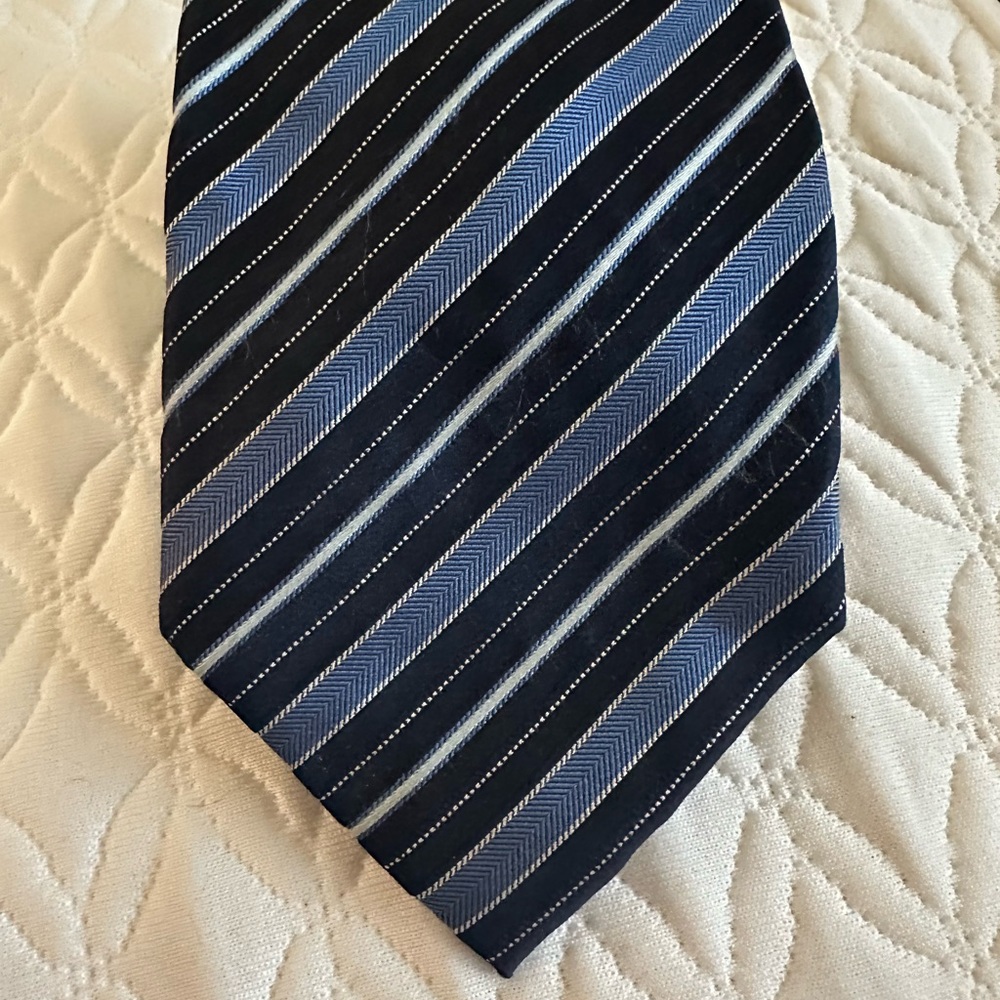 Calvin Klein Black and Blue Silk Tie with Striped Design